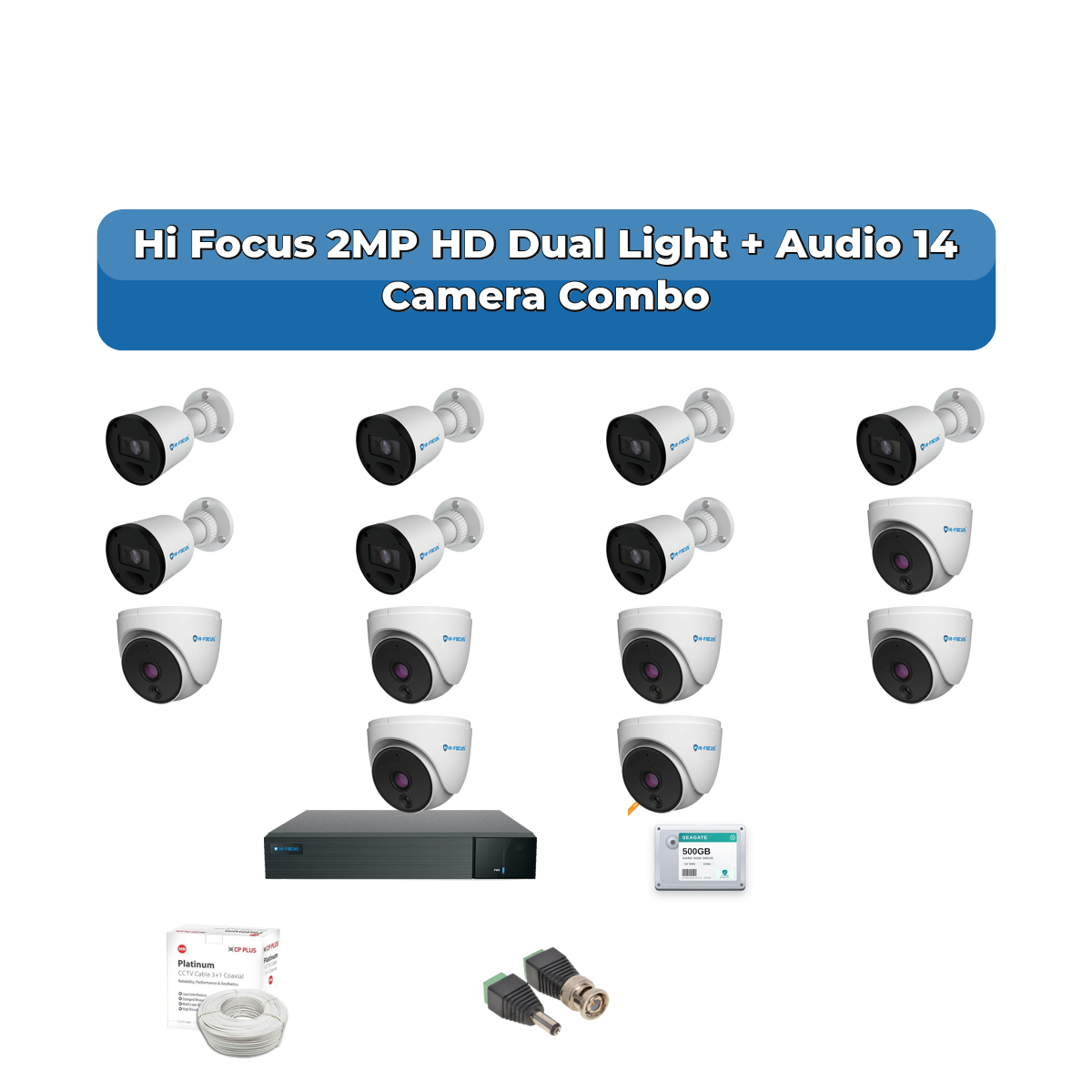 Hi Focus 14 Camera 2MP HD CCTV Combo Kit | Dual Light + Coaxial Audio | 16CH Recorder | 1ร4TB HDD 1 Hi Focus 14 Camera 2MP HD CCTV Combo Kit | Dual Light + Coaxial Audio | 16CH Recorder | 1ร4TB HDD