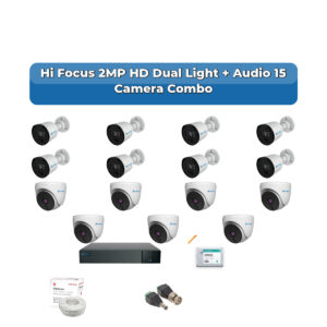 Hi Focus 15 Camera 2MP HD CCTV Combo Kit | Dual Light + Coaxial Audio | 16CH Recorder | 1×4TB HDD