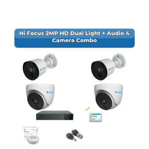 Hi Focus 4 Camera 2MP HD CCTV Combo Kit | Dual Light + Coaxial Audio | 4CH Recorder | 1×500GB HDD