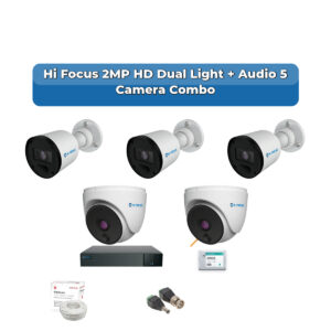 Hi Focus 5 Camera 2MP HD CCTV Combo Kit | Dual Light + Coaxial Audio | 8CH Recorder | 1×1TB HDD