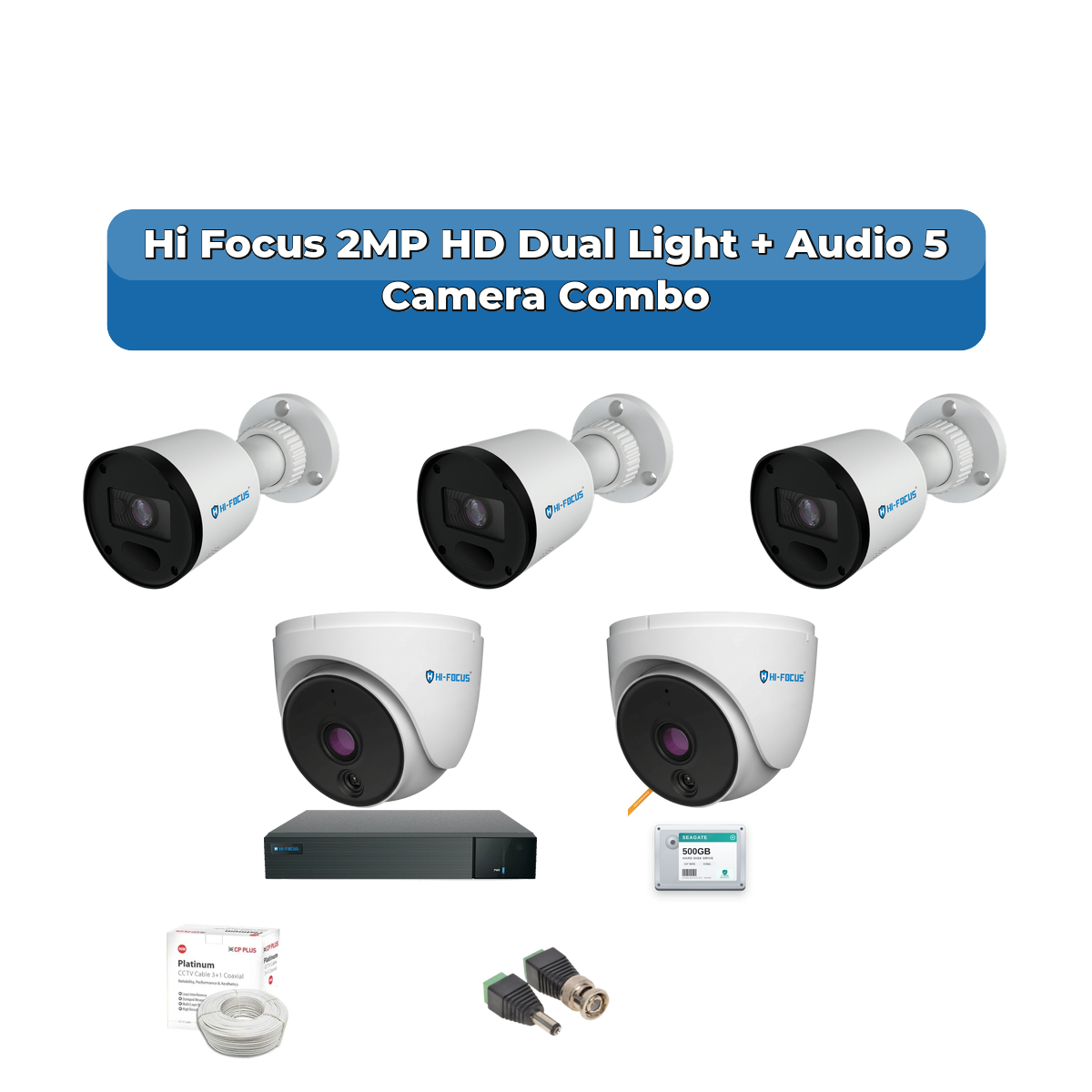 Hi Focus 5 Camera 2MP HD CCTV Combo Kit | Dual Light + Coaxial Audio | 8CH Recorder | 1ร1TB HDD 1 Hi Focus 5 Camera 2MP HD CCTV Combo Kit | Dual Light + Coaxial Audio | 8CH Recorder | 1ร1TB HDD