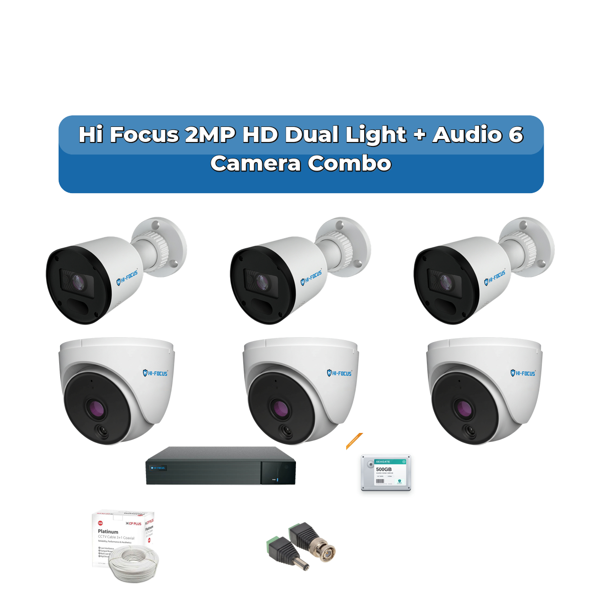 Hi Focus 6 Camera 2MP HD CCTV Combo Kit | Dual Light + Coaxial Audio | 8CH Recorder | 1ร1TB HDD 1 Hi Focus 6 Camera 2MP HD CCTV Combo Kit | Dual Light + Coaxial Audio | 8CH Recorder | 1ร1TB HDD