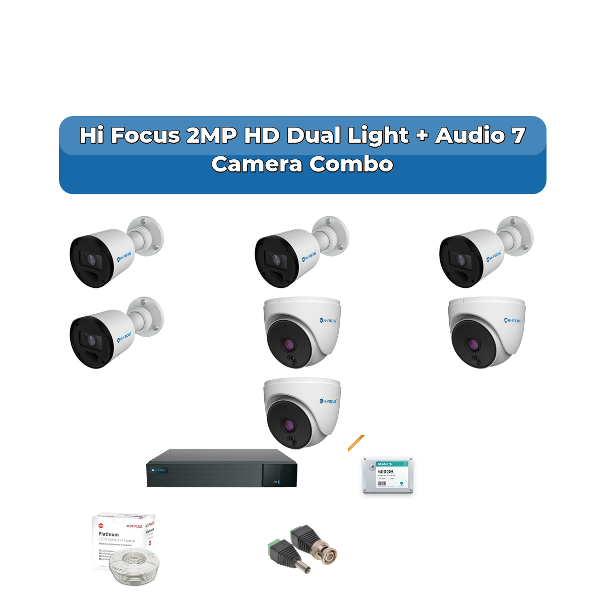 Hi Focus 7 Camera 2MP HD CCTV Combo Kit | Dual Light + Coaxial Audio | 8CH Recorder | 1ร1TB HDD 1 Hi Focus 7 Camera 2MP HD CCTV Combo Kit | Dual Light + Coaxial Audio | 8CH Recorder | 1ร1TB HDD