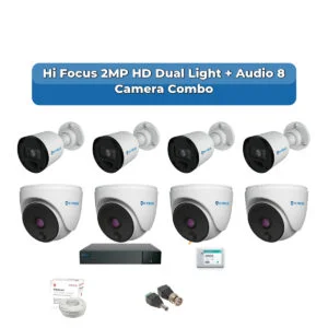 Hi Focus 8 Camera 2MP HD CCTV Combo Kit | Dual Light + Coaxial Audio | 8CH Recorder | 1×1TB HDD