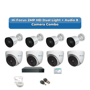 Hi Focus 8 Camera 2MP HD CCTV Combo Kit | Dual Light + Coaxial Audio | 8CH Recorder | 1×1TB HDD