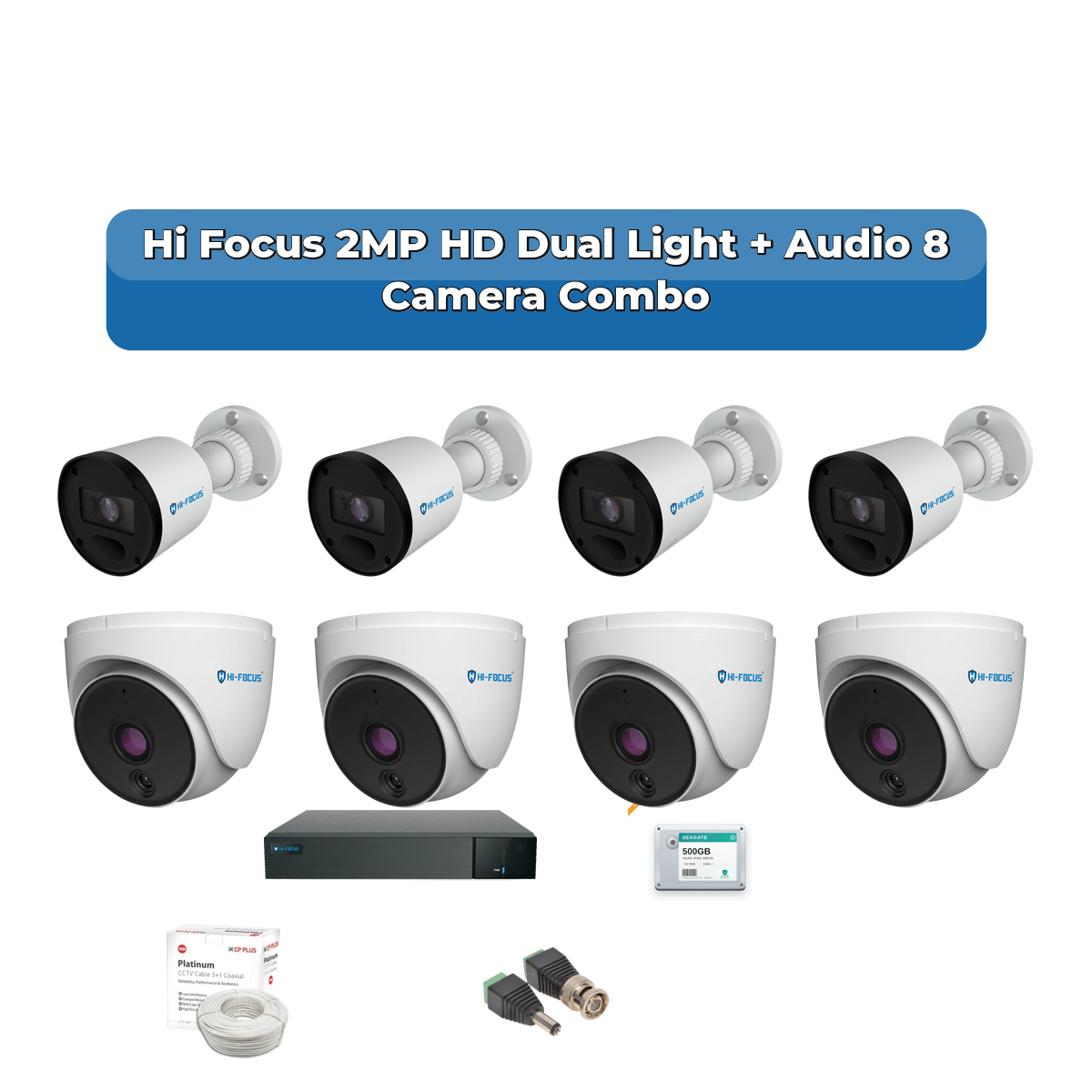 Hi Focus 8 Camera 2MP HD CCTV Combo Kit | Dual Light + Coaxial Audio | 8CH Recorder | 1ร1TB HDD 1 Hi Focus 8 Camera 2MP HD CCTV Combo Kit | Dual Light + Coaxial Audio | 8CH Recorder | 1ร1TB HDD