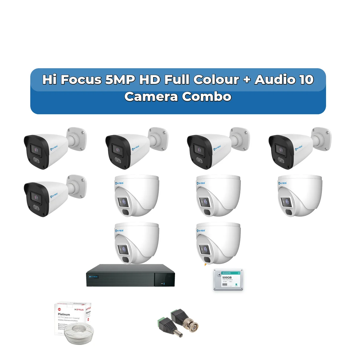 Hi Focus 10 Camera 5MP HD CCTV Combo Kit | Full Colour + Coaxial Audio | 16CH Recorder | 1ร2TB HDD 1 Hi Focus 10 Camera 5MP HD CCTV Combo Kit | Full Colour + Coaxial Audio | 16CH Recorder | 1ร2TB HDD