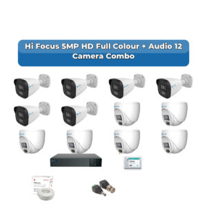 Hi Focus 12 Camera 5MP HD CCTV Combo Kit | Full Colour + Coaxial Audio | 16CH Recorder | 1×2TB HDD