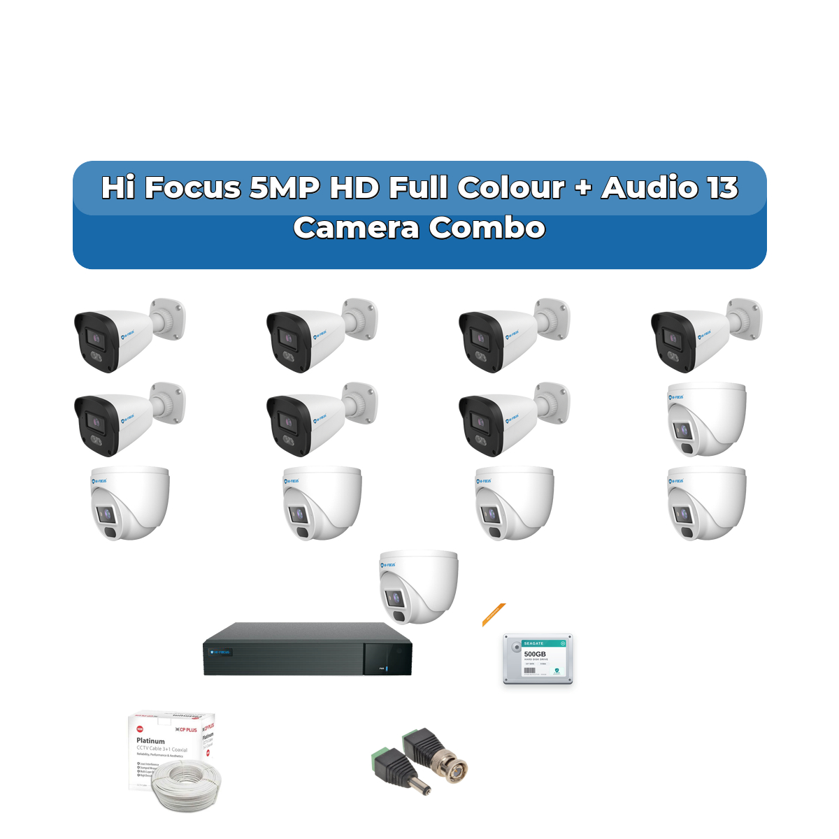 Hi Focus 13 Camera 5MP HD CCTV Combo Kit | Full Colour + Coaxial Audio | 16CH Recorder | 1ร4TB HDD 1 Hi Focus 13 Camera 5MP HD CCTV Combo Kit | Full Colour + Coaxial Audio | 16CH Recorder | 1ร4TB HDD