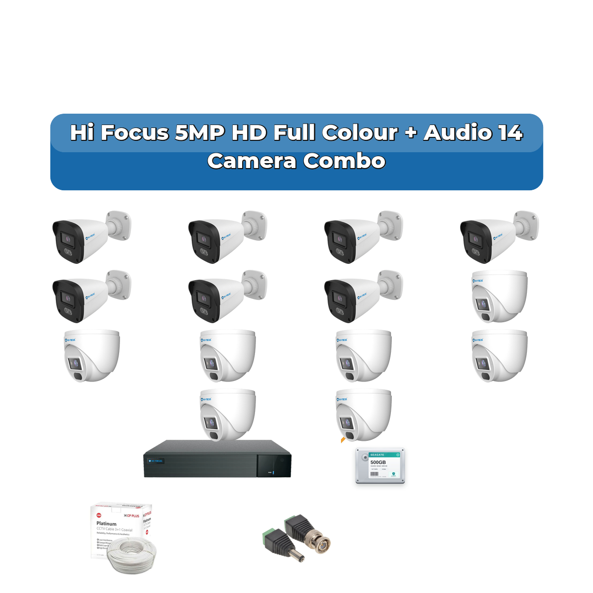 Hi Focus 14 Camera 5MP HD CCTV Combo Kit | Full Colour + Coaxial Audio | 16CH Recorder | 1ร4TB HDD 1 Hi Focus 14 Camera 5MP HD CCTV Combo Kit | Full Colour + Coaxial Audio | 16CH Recorder | 1ร4TB HDD