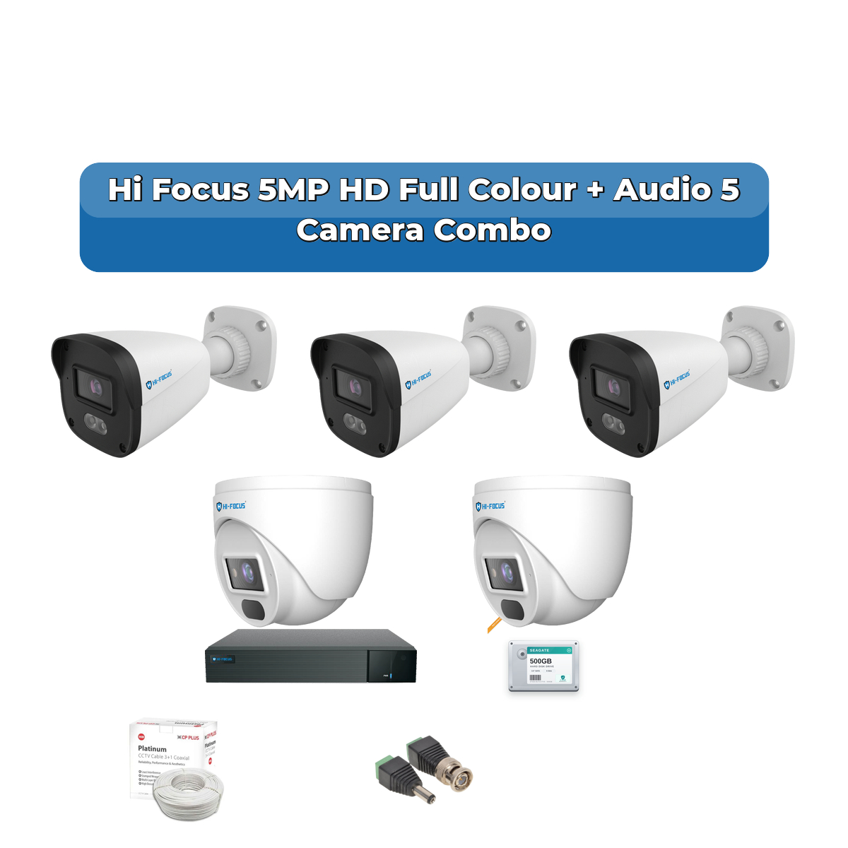 Hi Focus 5 Camera 5MP HD CCTV Combo Kit | Full Colour + Coaxial Audio | 8CH Recorder | 1ร1TB HDD 1 Hi Focus 5 Camera 5MP HD CCTV Combo Kit | Full Colour + Coaxial Audio | 8CH Recorder | 1ร1TB HDD