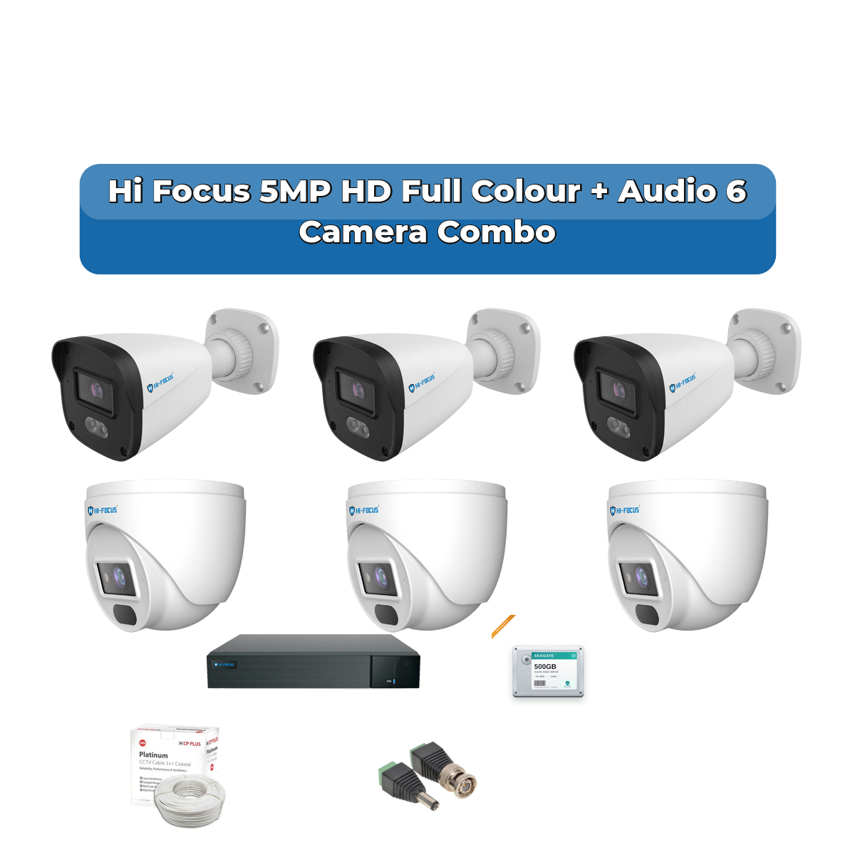 Hi Focus 6 Camera 5MP HD CCTV Combo Kit | Full Colour + Coaxial Audio | 8CH Recorder | 1ร1TB HDD 1 Hi Focus 6 Camera 5MP HD CCTV Combo Kit | Full Colour + Coaxial Audio | 8CH Recorder | 1ร1TB HDD