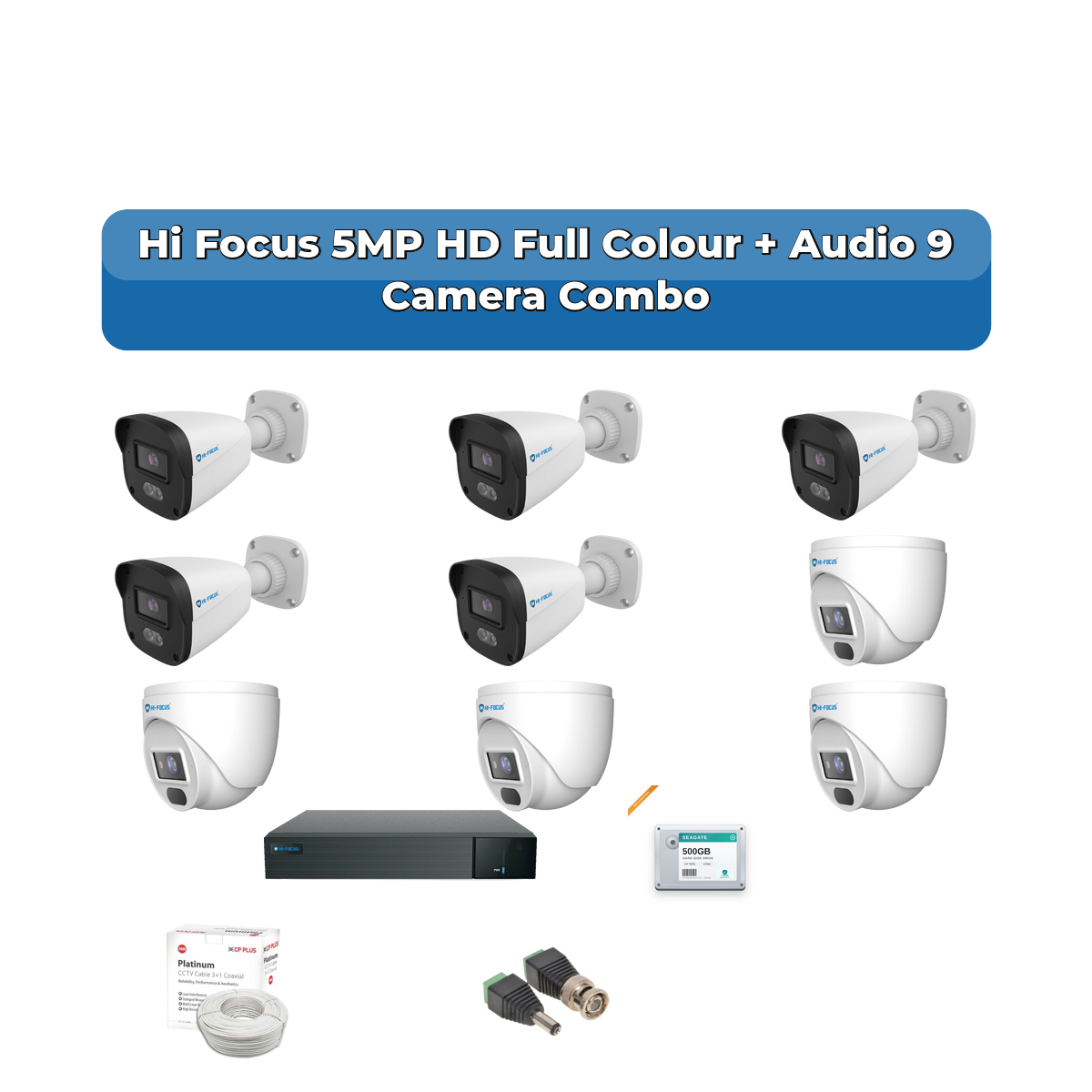 Hi Focus 9 Camera 5MP HD CCTV Combo Kit | Full Colour + Coaxial Audio | 16CH Recorder | 1ร2TB HDD 1 Hi Focus 9 Camera 5MP HD CCTV Combo Kit | Full Colour + Coaxial Audio | 16CH Recorder | 1ร2TB HDD