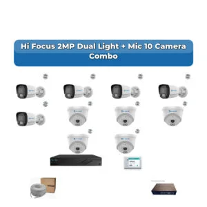 Hi Focus 10 Camera 2MP IP CCTV Combo Kit | Dual Light + Mic | 16CH Recorder | 1×2TB HDD