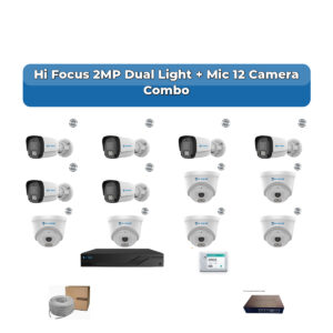 Hi Focus 12 Camera 2MP IP CCTV Combo Kit | Dual Light + Mic | 16CH Recorder | 1×2TB HDD
