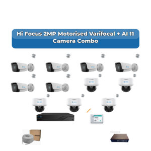 Hi Focus 11 Camera 2MP IP CCTV Combo Kit | Motorised Varifocal + AI + Mic | 16CH Recorder | 1×2TB HDD