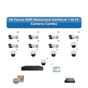 Hi Focus 13 Camera 2MP IP CCTV Combo Kit | Motorised Varifocal + AI + Mic | 16CH Recorder | 1×4TB HDD