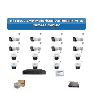 Hi Focus 16 Camera 2MP IP CCTV Combo Kit | Motorised Varifocal + AI + Mic | 16CH Recorder | 1×4TB HDD