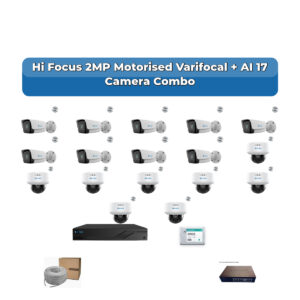 Hi Focus 17 Camera 2MP IP CCTV Combo Kit | Motorised Varifocal + AI + Mic | 32CH Recorder | 1×4TB + 1×2TB HDD