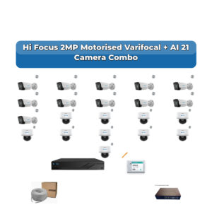 Hi Focus 21 Camera 2MP IP CCTV Combo Kit | Motorised Varifocal + AI + Mic | 32CH Recorder | 2×4TB HDD