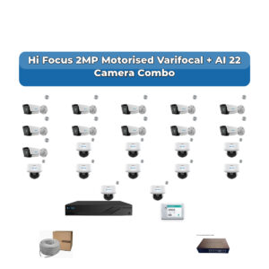 Hi Focus 22 Camera 2MP IP CCTV Combo Kit | Motorised Varifocal + AI + Mic | 32CH Recorder | 2×4TB HDD