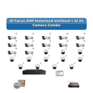 Hi Focus 24 Camera 2MP IP CCTV Combo Kit | Motorised Varifocal + AI + Mic | 32CH Recorder | 2×4TB HDD