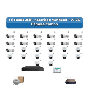 Hi Focus 26 Camera 2MP IP CCTV Combo Kit | Motorised Varifocal + AI + Mic | 32CH Recorder | 1×4TB + 1×6TB HDD