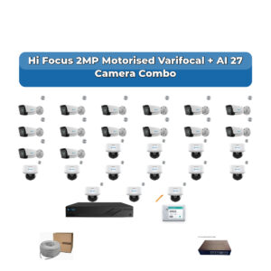Hi Focus 27 Camera 2MP IP CCTV Combo Kit | Motorised Varifocal + AI + Mic | 32CH Recorder | 1×4TB + 1×6TB HDD