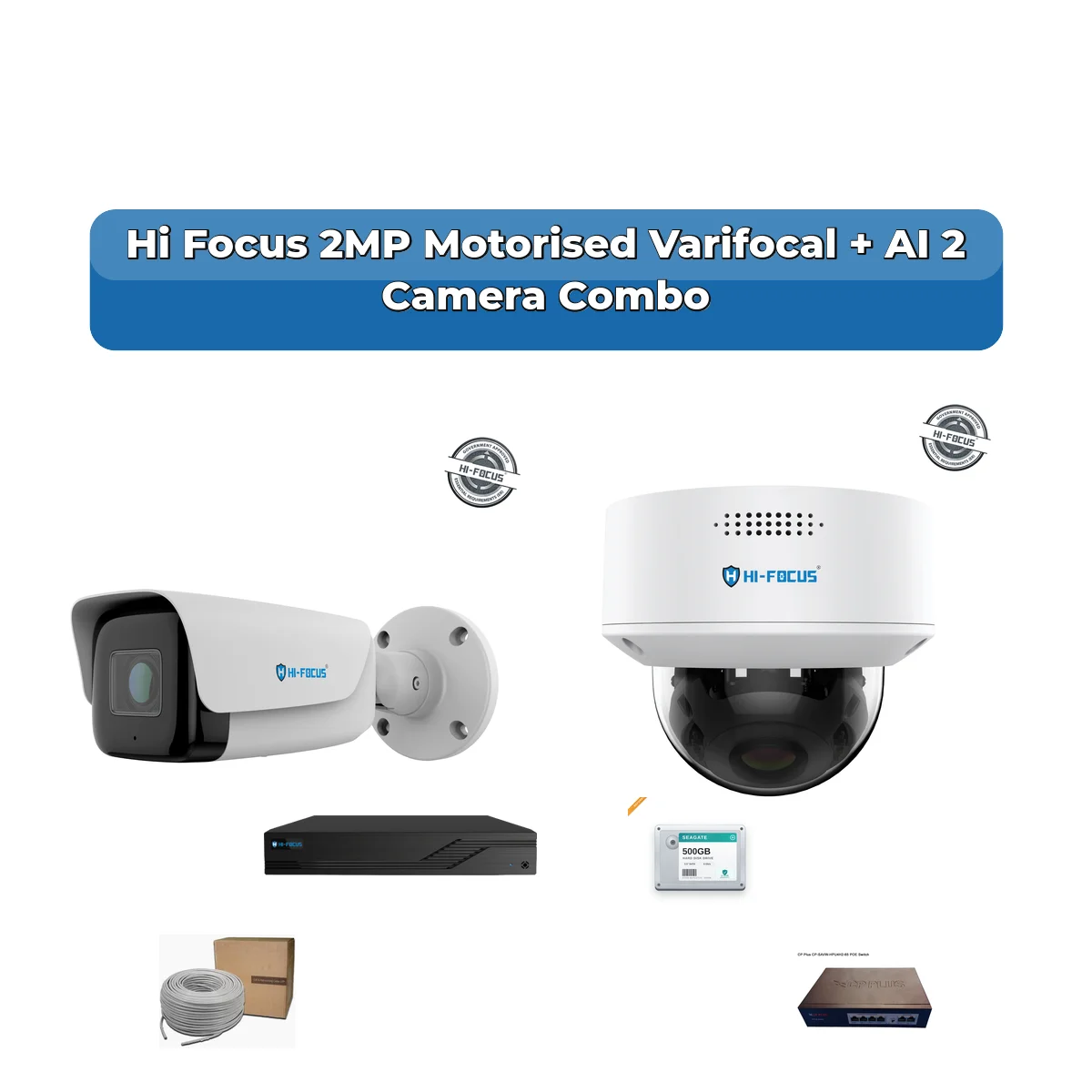 Hi Focus 2 Camera 2MP IP CCTV Combo Kit | Motorised Varifocal + AI + Mic | 4CH Recorder | 1ร500GB HDD 1 Hi Focus 2 Camera 2MP IP CCTV Combo Kit | Motorised Varifocal + AI + Mic | 4CH Recorder | 1ร500GB HDD
