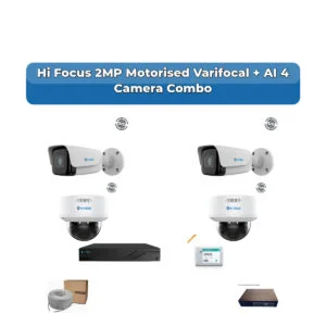 Hi Focus 4 Camera 2MP IP CCTV Combo Kit | Motorised Varifocal + AI + Mic | 4CH Recorder | 1×500GB HDD
