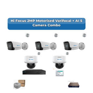 Hi Focus 5 Camera 2MP IP CCTV Combo Kit | Motorised Varifocal + AI + Mic | 8CH Recorder | 1×1TB HDD