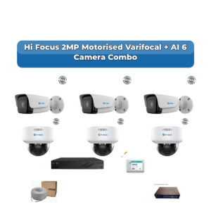 Hi Focus 6 Camera 2MP IP CCTV Combo Kit | Motorised Varifocal + AI + Mic | 8CH Recorder | 1×1TB HDD