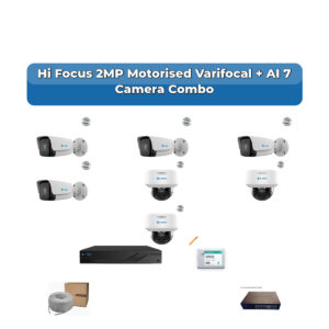 Hi Focus 7 Camera 2MP IP CCTV Combo Kit | Motorised Varifocal + AI + Mic | 8CH Recorder | 1×1TB HDD