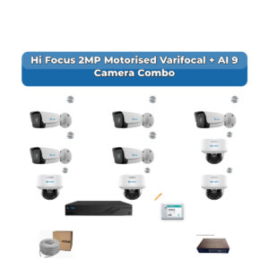 Hi Focus 9 Camera 2MP IP CCTV Combo Kit | Motorised Varifocal + AI + Mic | 16CH Recorder | 1×2TB HDD