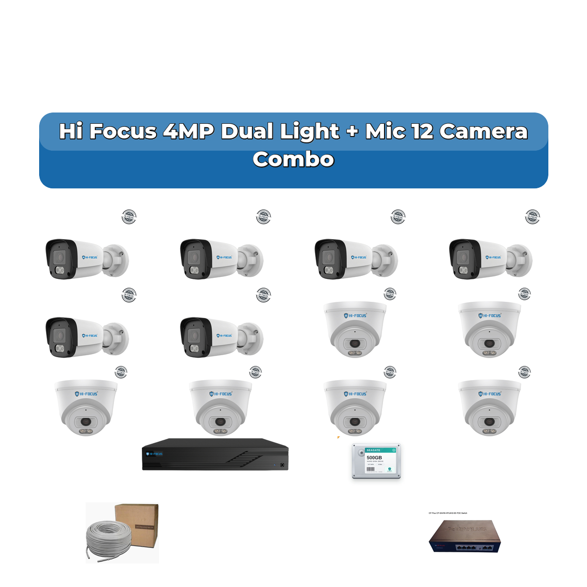 Hi Focus 12 Camera 4MP IP CCTV Combo Kit | Dual Light + Mic | 16CH Recorder | 1×2TB HDD 1 Hi Focus 12 Camera 4MP IP CCTV Combo Kit | Dual Light + Mic | 16CH Recorder | 1×2TB HDD