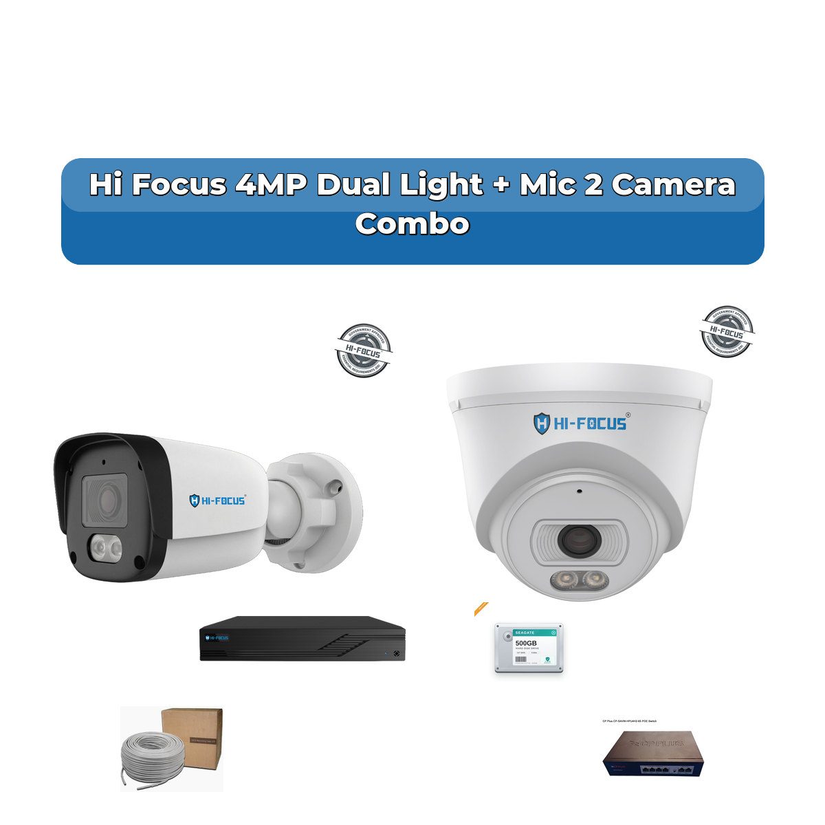 Hi Focus 2 Camera 4MP IP CCTV Combo Kit | Dual Light + Mic | 4CH Recorder | 1×500GB HDD 1 Hi Focus 2 Camera 4MP IP CCTV Combo Kit | Dual Light + Mic | 4CH Recorder | 1×500GB HDD