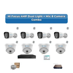 Hi Focus 8 Camera 4MP IP CCTV Combo Kit | Dual Light + Mic | 8CH Recorder | 1×1TB HDD