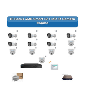 Hi Focus 13 Camera 4MP IP CCTV Combo Kit | Smart IR + Mic | 16CH Recorder | 1×4TB HDD