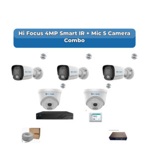 Hi Focus 5 Camera 4MP IP CCTV Combo Kit | Smart IR + Mic | 8CH Recorder | 1×1TB HDD