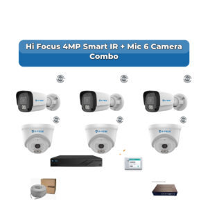 Hi Focus 6 Camera 4MP IP CCTV Combo Kit | Smart IR + Mic | 8CH Recorder | 1×1TB HDD