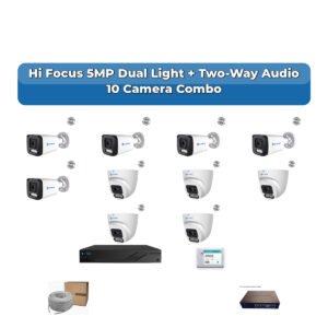 Hi Focus 10 Camera 5MP IP CCTV Combo Kit | Dual Light + Two-Way Audio | 16CH Recorder | 1×2TB HDD