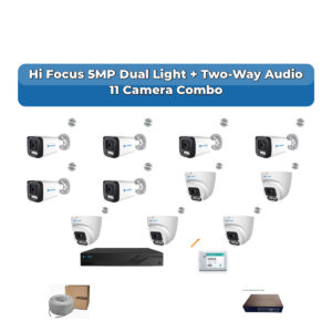 Hi Focus 11 Camera 5MP IP CCTV Combo Kit | Dual Light + Two-Way Audio | 16CH Recorder | 1×2TB HDD