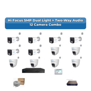 Hi Focus 12 Camera 5MP IP CCTV Combo Kit | Dual Light + Two-Way Audio | 16CH Recorder | 1×2TB HDD