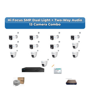 Hi Focus 13 Camera 5MP IP CCTV Combo Kit | Dual Light + Two-Way Audio | 16CH Recorder | 1×4TB HDD