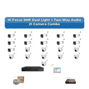 Hi Focus 21 Camera 5MP IP CCTV Combo Kit | Dual Light + Two-Way Audio | 32CH Recorder | 2×4TB HDD