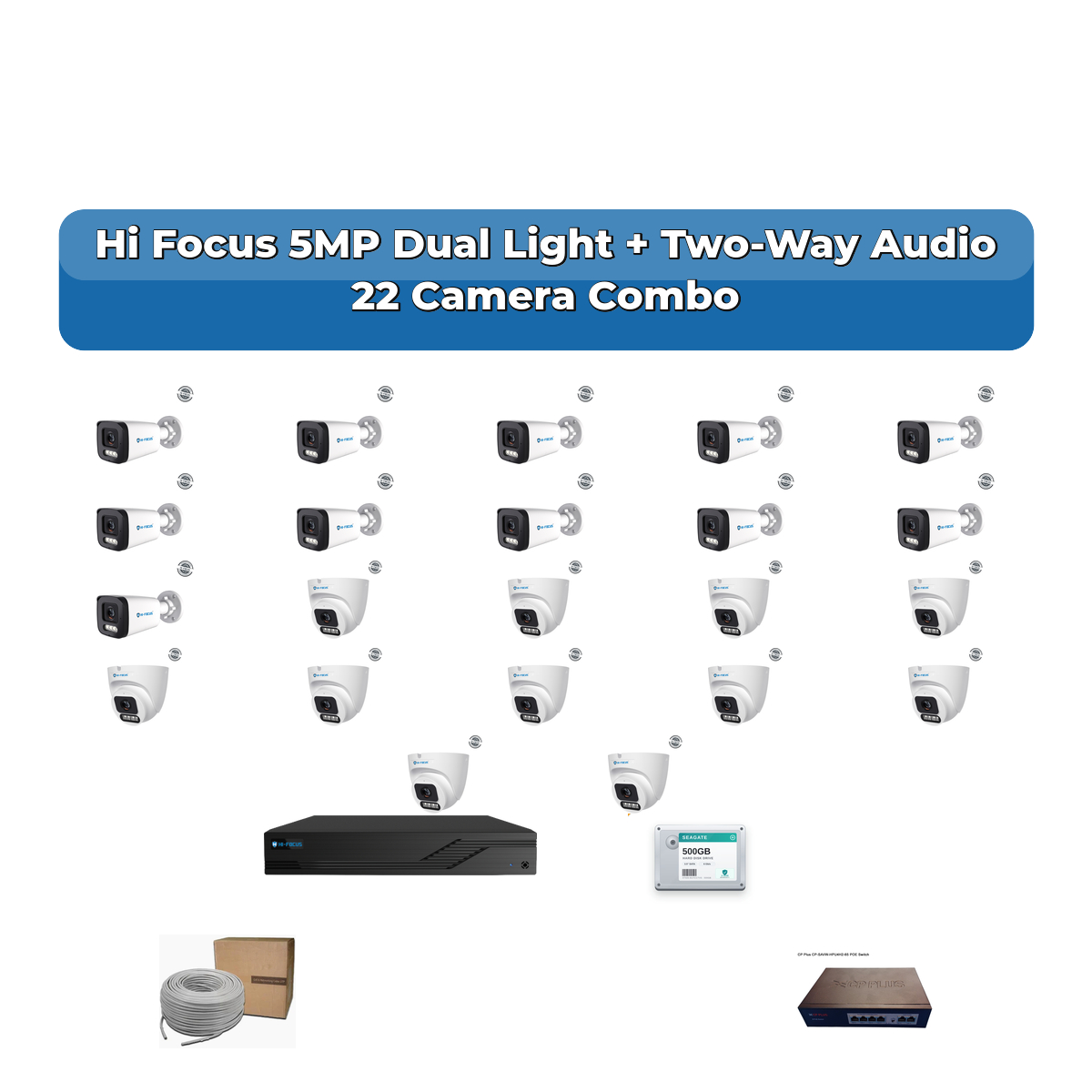 Hi Focus 22 Camera 5MP IP CCTV Combo Kit | Dual Light + Two-Way Audio | 32CH Recorder | 2ร4TB HDD 1 Hi Focus 22 Camera 5MP IP CCTV Combo Kit | Dual Light + Two-Way Audio | 32CH Recorder | 2ร4TB HDD