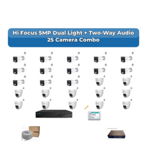 Hi Focus 25 Camera 5MP IP CCTV Combo Kit | Dual Light + Two-Way Audio | 32CH Recorder | 1×4TB + 1×6TB HDD