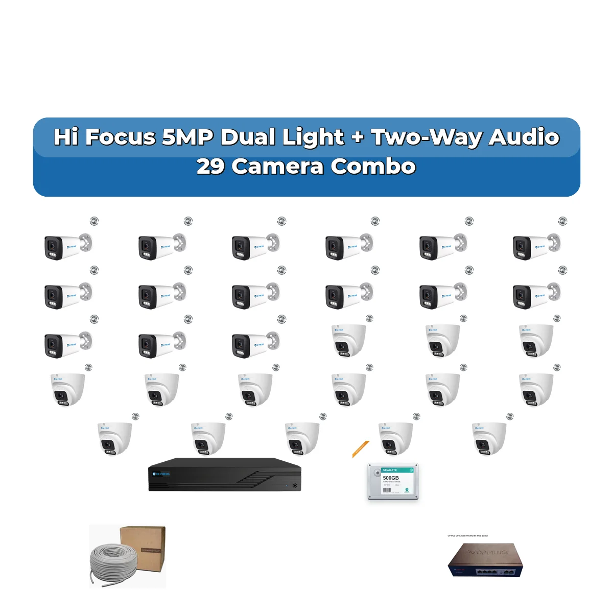 Hi Focus 29 Camera 5MP IP CCTV Combo Kit | Dual Light + Two-Way Audio | 32CH Recorder | 2ร6TB HDD 1 Hi Focus 29 Camera 5MP IP CCTV Combo Kit | Dual Light + Two-Way Audio | 32CH Recorder | 2ร6TB HDD