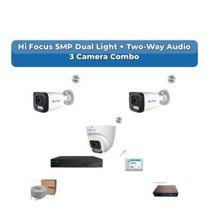 Hi Focus 3 Camera 5MP IP CCTV Combo Kit | Dual Light + Two-Way Audio | 4CH Recorder | 1×500GB HDD
