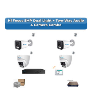 Hi Focus 4 Camera 5MP IP CCTV Combo Kit | Dual Light + Two-Way Audio | 4CH Recorder | 1×500GB HDD